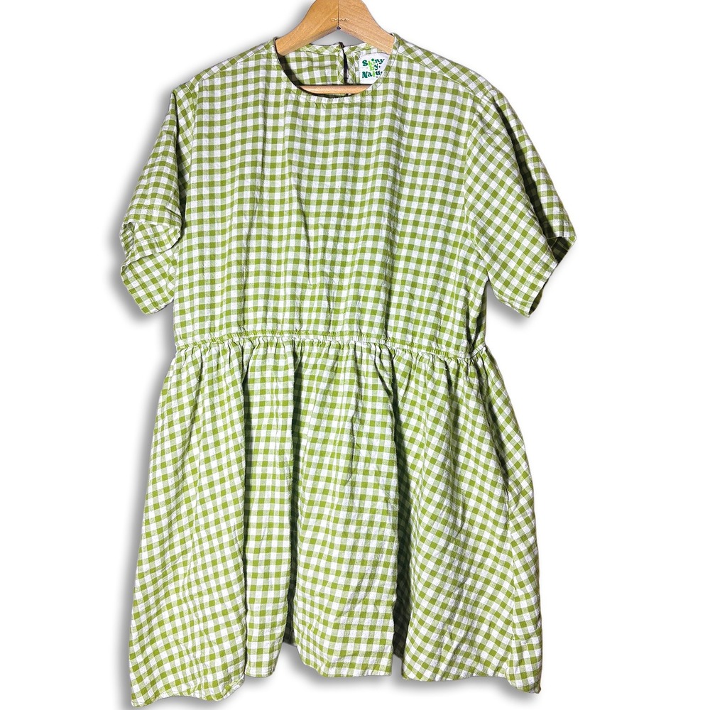 Shiny by Nature 100% Cotton Green Gingham Pullover Babydoll Dress Womens Size XL